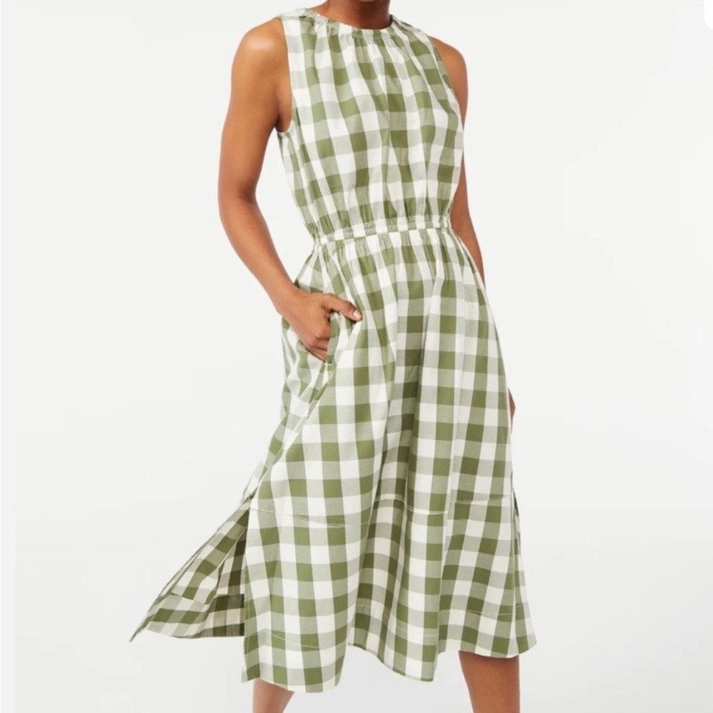 Green Checkered Sleeveless Midi Dress